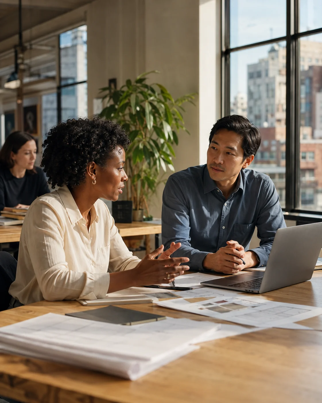 Colleagues discussing ideas and reviewing plans together in a sunlit studio.