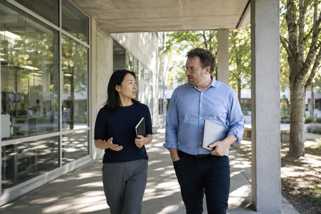 Two research collaborators walking in conversation through a tree-lined research campus.