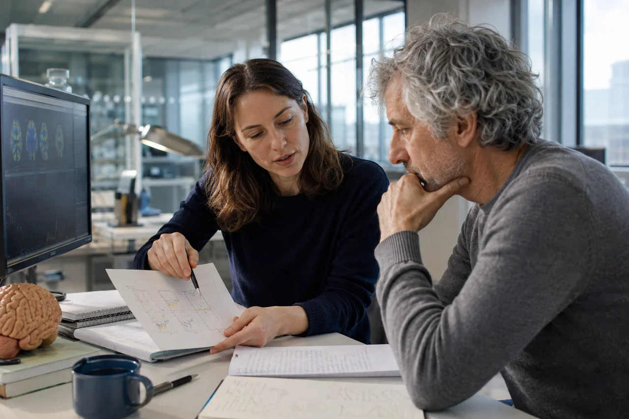 Two researchers discussing observations at a workstation in a light-filled research lab.
