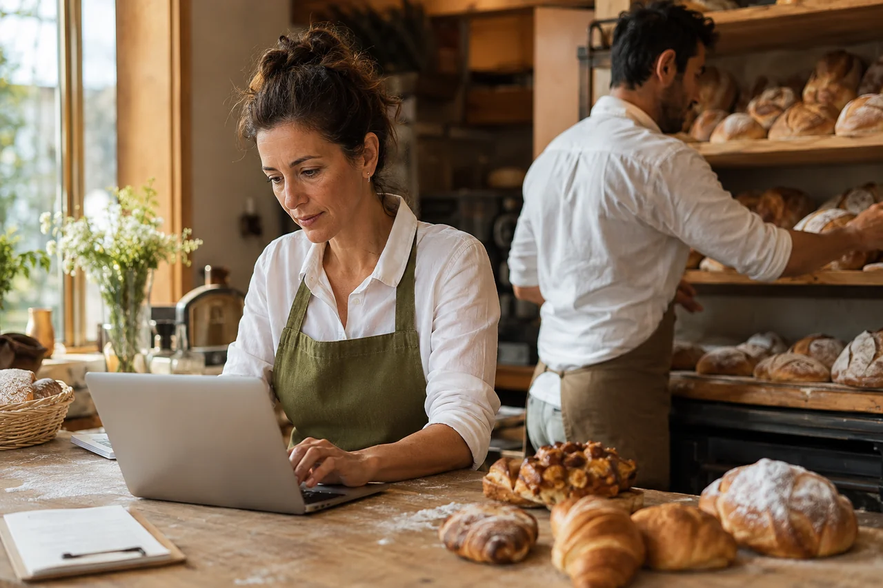 A bakery owner working at a laptop while a colleague arranges fresh bread behind the counter.