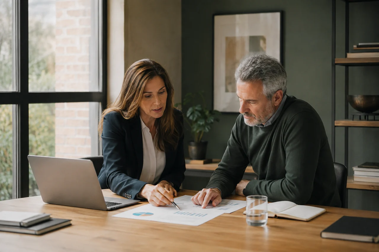 A consultant and a small business owner reviewing a proposal beside an open laptop.