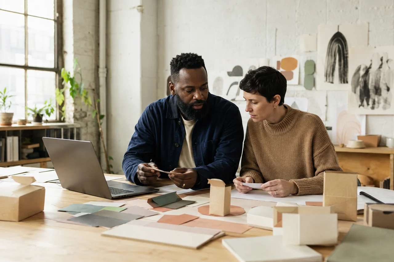 Two creative studio founders discussing paper packaging prototypes and color samples.
