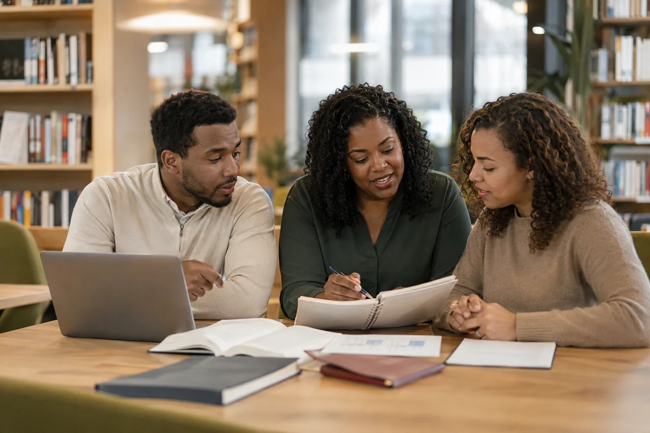 An adult educator explaining an idea to two learners in a bright library workspace.