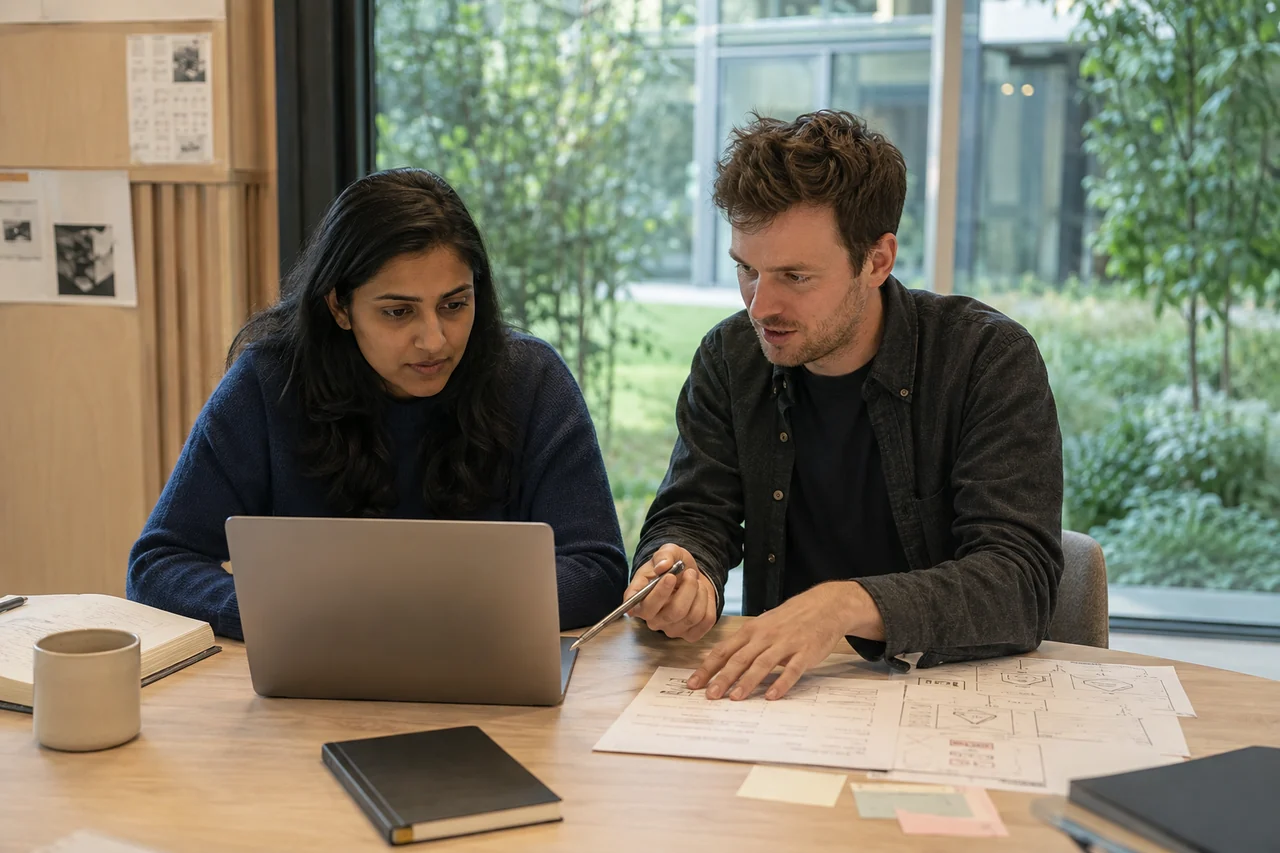 A software engineer and a designer reviewing a laptop and paper interface sketches together.