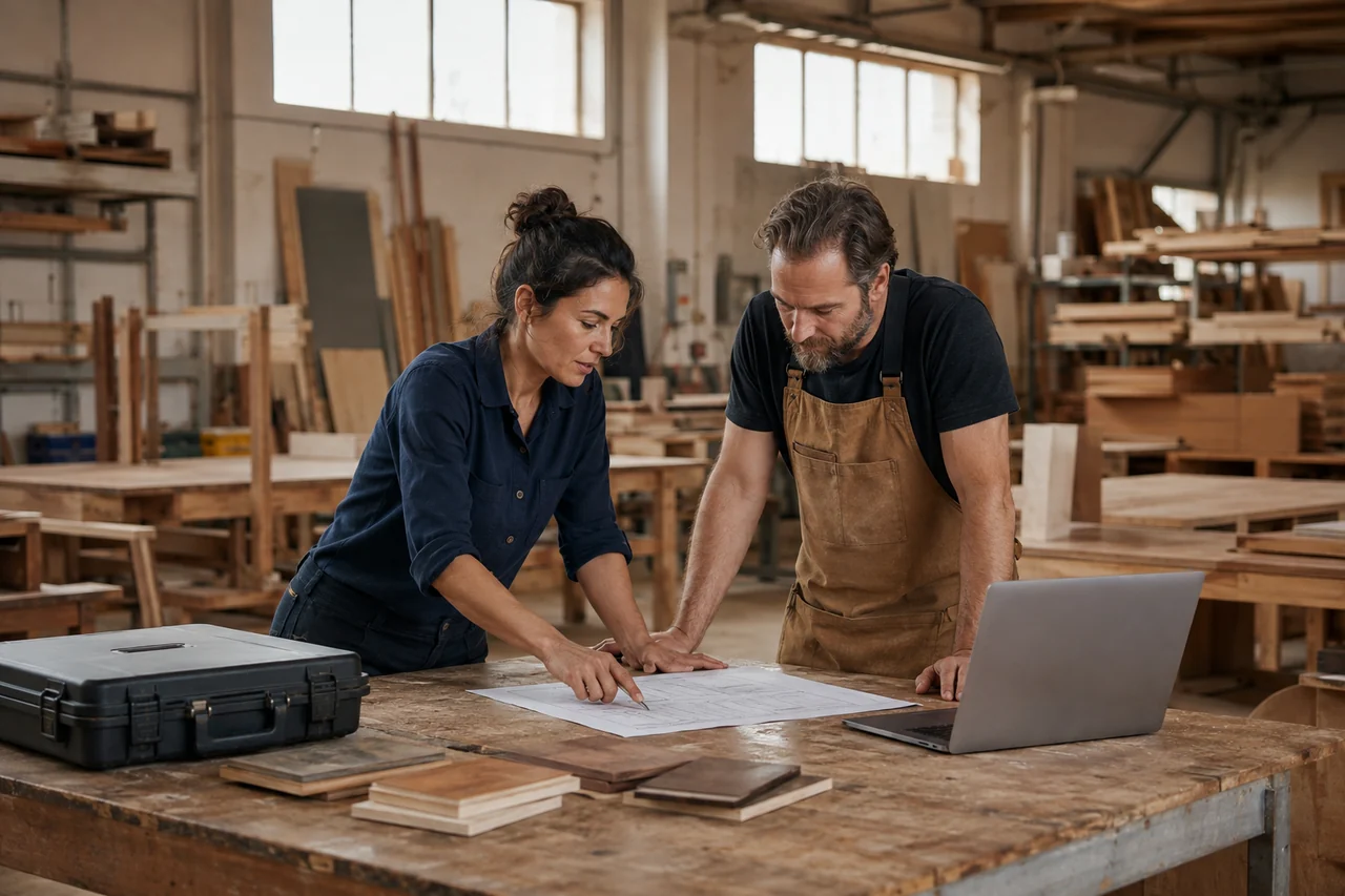 Two furniture makers planning a project with wood samples, a laptop, and drawings at a workbench.